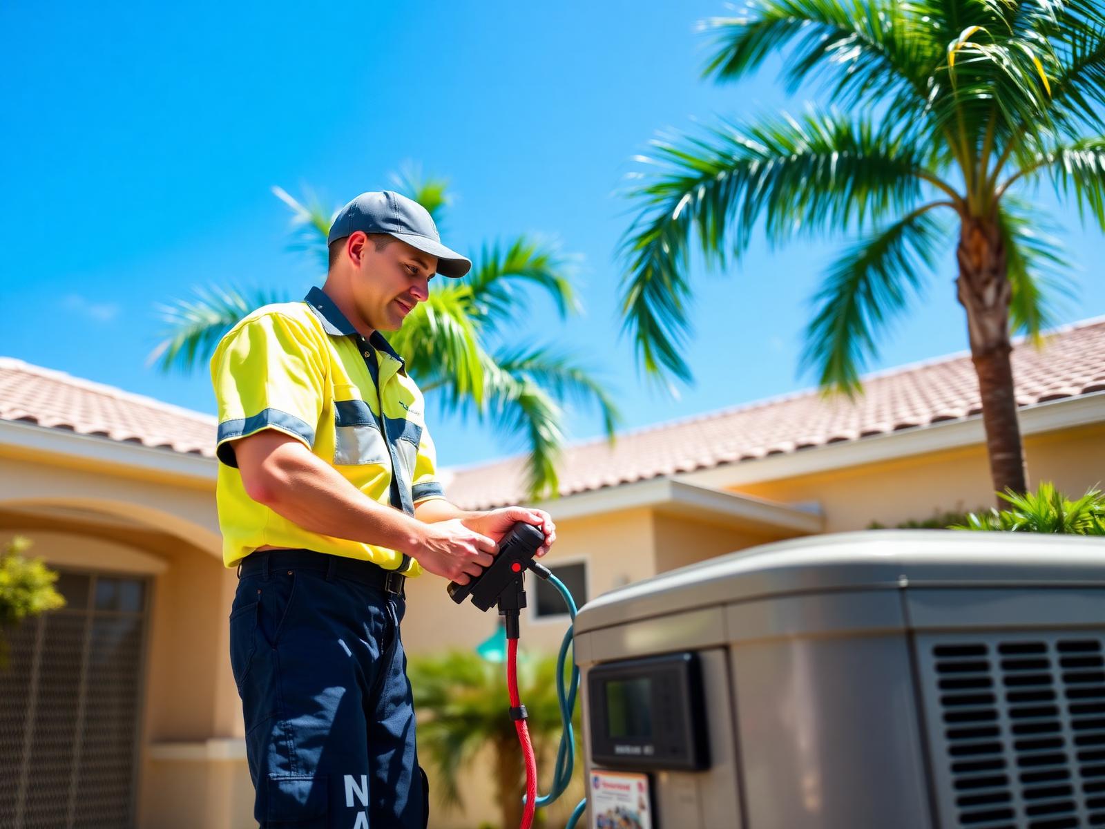 HVAC technician servicing an air conditioning unit at a Florida home